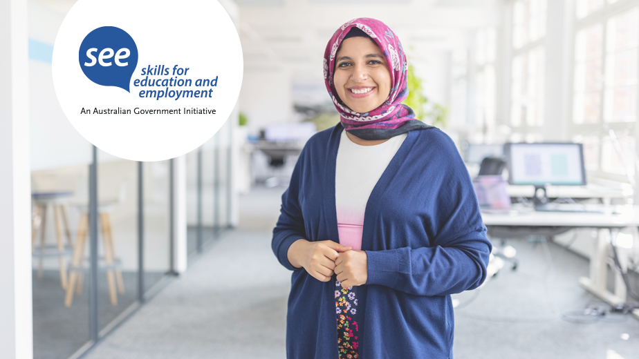 SEEProgramHeaderwithLogo-iStock1919289294-924x520px Portrait of happy mid adult Muslim woman standing at startup office