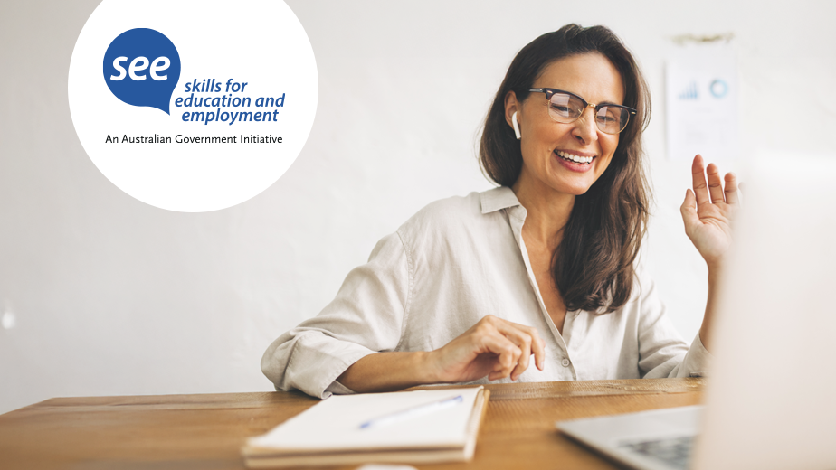 SEE- ProgramHeaderBanner-iStock-1480291889- 924x520px Middle-aged woman wearing glasses smiling and looking at computer while studying.