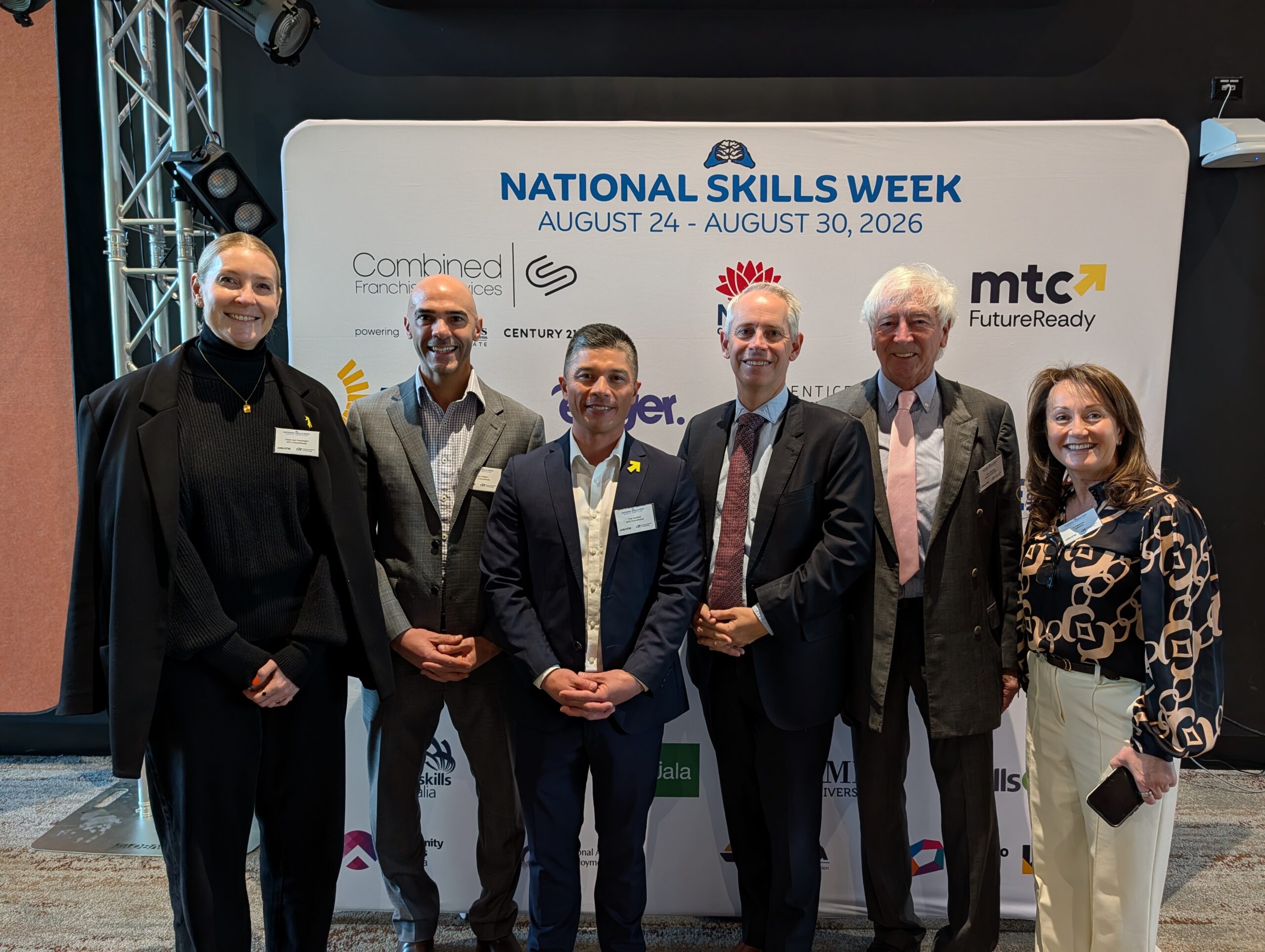 Left to right - MTC GM of Customer Experience and Brand, Claire Van Heyningen, MTC GM Education & Training, Subhi Madi; MTC CEO Rob Marshall; Hon. Andrew Giles MP; National Skills Week Chair Brian Wexham; National Apprentice Employment Network CEO Dianne Dayhew